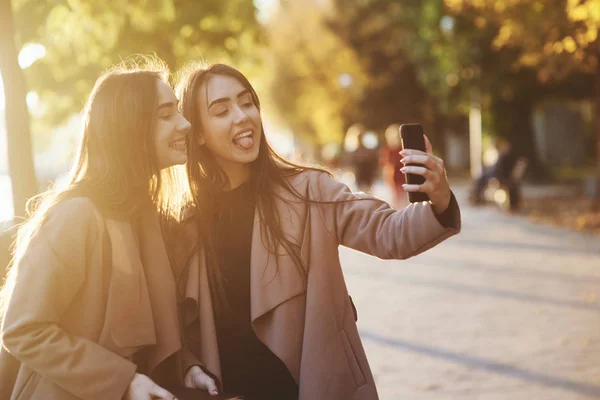 Vista Lateral Chicas Gemelas Jóvenes Guapas Morenas Haciendo Caras Graciosas — Foto de Stock