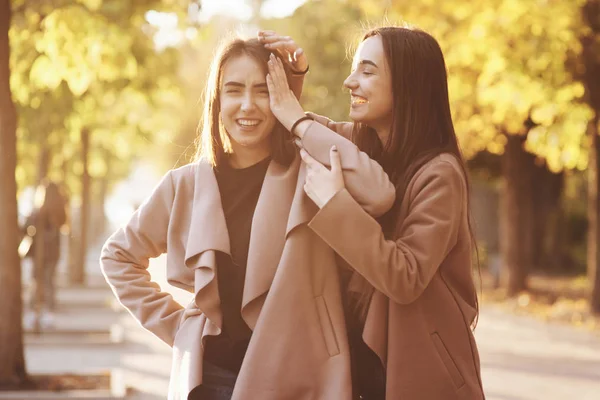 Jovens Meninas Gêmeas Morena Sorridente Divertindo Com Mãos Perto Cabeça — Fotografia de Stock