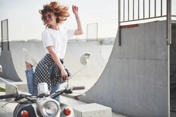 Portrait Beautiful Girl Hipster Sitting Black Retro Scooter Smiling Posing — 스톡 사진