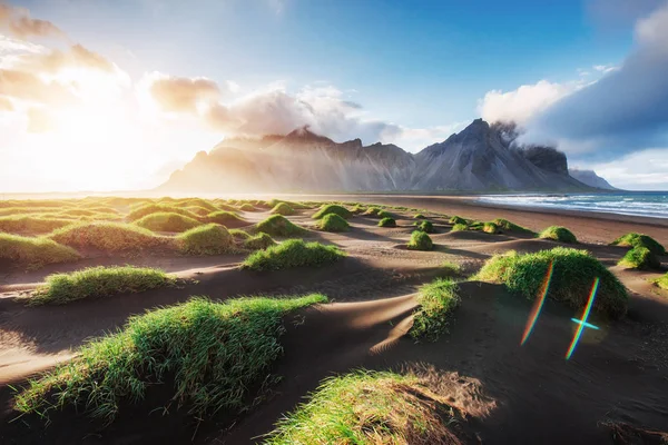 Fantastic West Mountains Volcanic Lava Sand Dunes Beach Stokksness Iceland — Stock Photo, Image