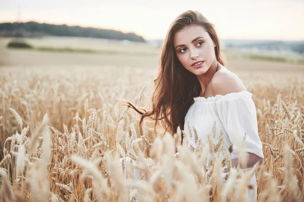 Beautiful Girl Field Wheat White Dress Perfect Picture Style Lifestyle — Stock Photo, Image