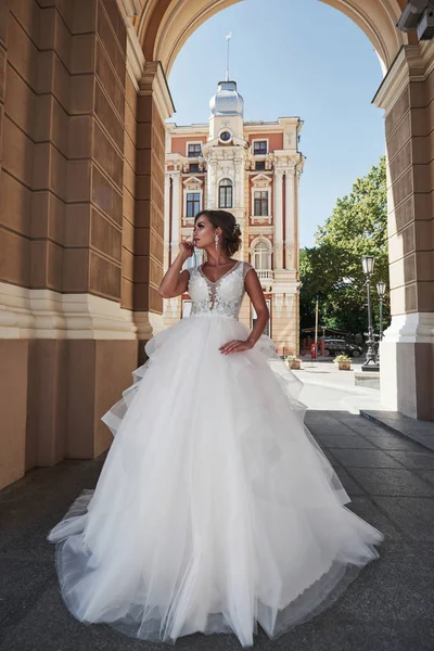 Beautiful Sexy Woman Wedding Dress Charming Castle — Stock Photo, Image