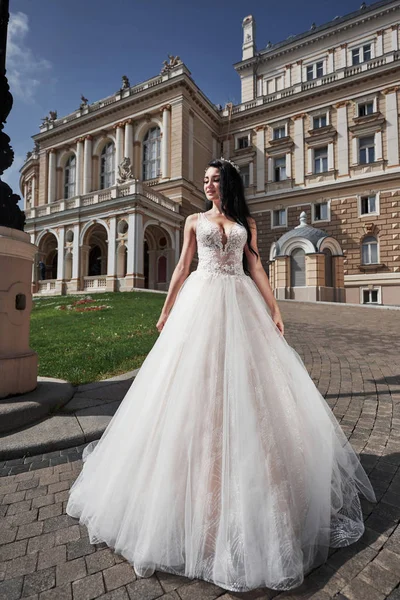 城の近くの花嫁 自然の中で城の近くのウェディングドレスの花嫁 — ストック写真