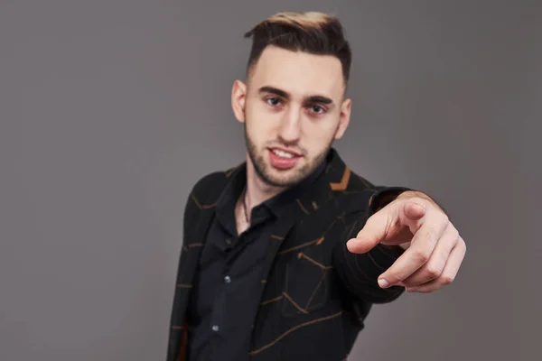 Young Smiling Man Formal Wear Pointing Finger You Looking Camera — Stock Photo, Image