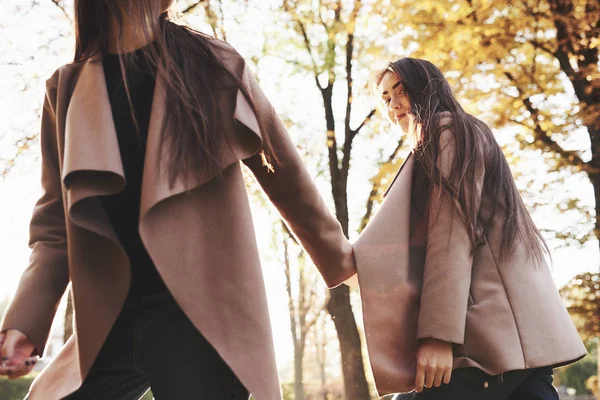 Vista Partir Fundo Morena Jovem Meninas Gêmeas Mãos Dadas Andando — Fotografia de Stock