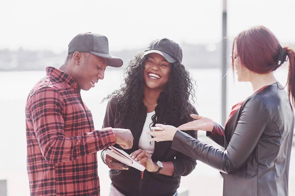 Group Young Multinational People Book Students Studying Open Air — Stock Photo, Image