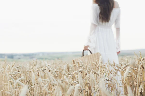 Young Sensitive Girl White Dress Posing Field Golden Wheat — Stock Photo, Image