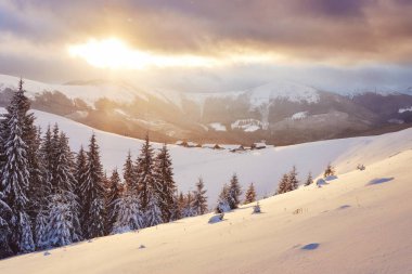 Majestic sunset at small village on a snowy hill under Ukrainian. Villages in the mountains in winter. Beautiful winter landscape. Carpathians, Ukraine, Europe.