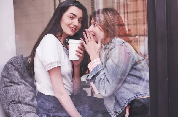 Two Beautiful Young Women Sitting Cafe Drinking Coffee Having Pleasant — Stock Photo, Image