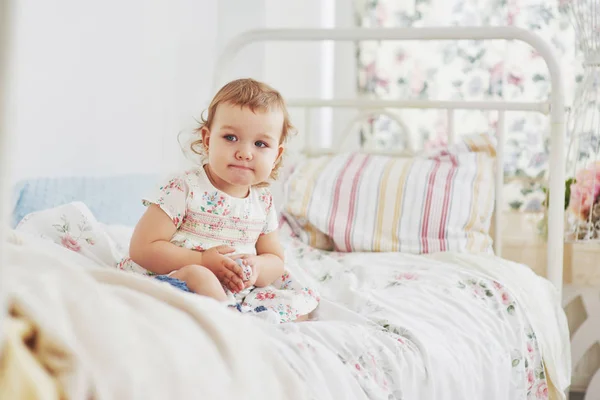 Childhood Concept Baby Girl Cute Dress Siting Bed Playing Toys — Stock Photo, Image