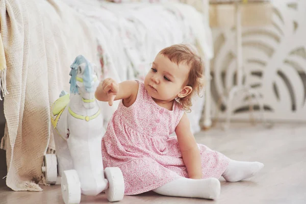 Baby Girl Cute Dress Siting Bed Playing Toys Home White — Stock Photo, Image