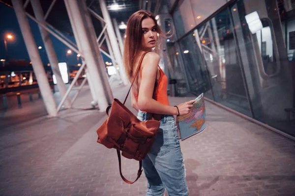 Young Beautiful Girl Backpack Her Shoulders Standing Street Airport She — 스톡 사진
