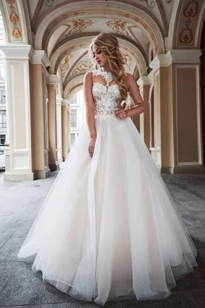 Beautiful Elegant Bride Perfect Wedding Dress Poses Beautiful Architecture — Stock Photo, Image