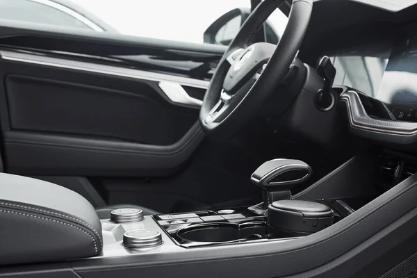 Interior Prestigious Modern Black Car Leather Comfortable Seats Accessories Steering — Stock Photo, Image