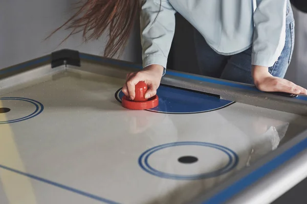 Hands Young People Holding Striker Air Hockey Table Game Room — Stock Photo, Image
