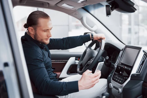 Confident Young Businessman Sitting Wheel His New Car — Stock Photo, Image