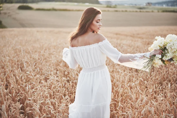 Beautiful Girl White Dress Running Autumn Field Wheat Sunset Time — Stock Photo, Image