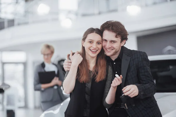 Proud Owners Beautiful Young Happy Couple Hugging Standing Newly Bought — Stock Photo, Image