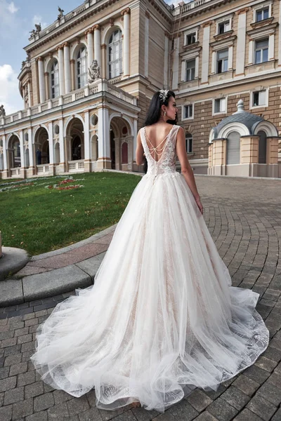 Vacker Elegant Brud Med Perfekt Bröllopsklänning Poser Runt Vacker Arkitektur — Stockfoto