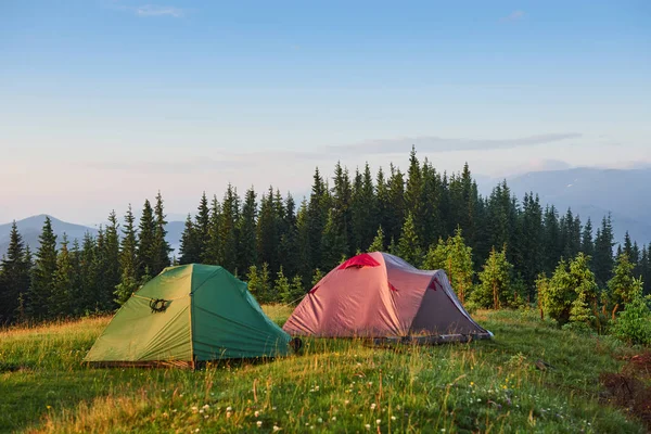 観光テントは山の緑の霧の森にあります — ストック写真