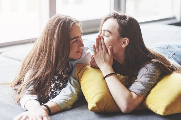 Dos Hermosas Hermanas Gemelas Pasando Tiempo Juntas Con Almohadas Los — Foto de Stock