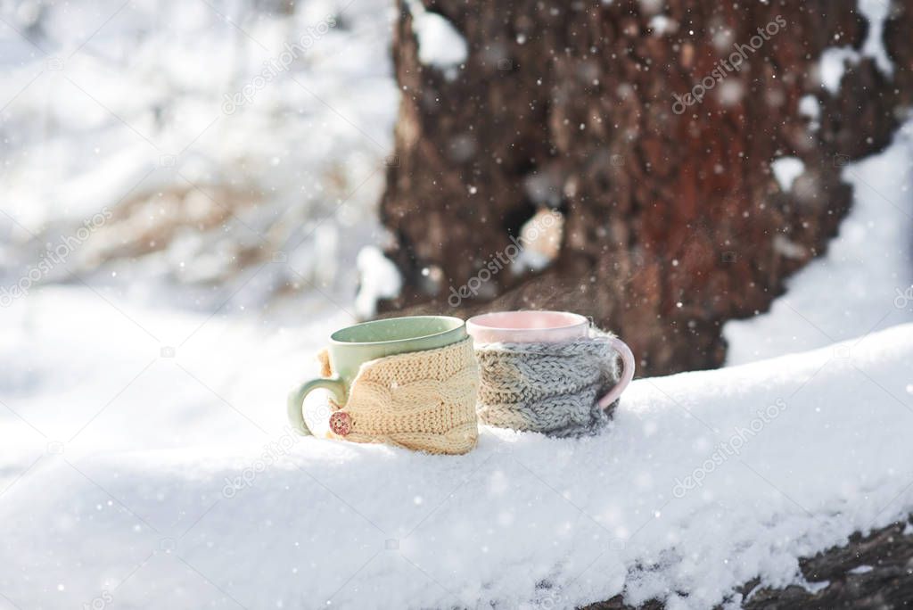 Two cups of tea on background of a winter park landscape