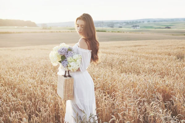 Young Sensitive Girl White Dress Posing Field Golden Wheat — Stock Photo, Image