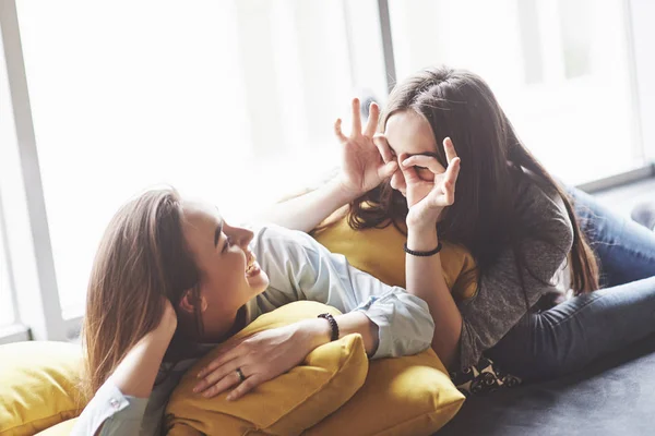 Zwei Wunderschöne Zwillingsschwestern Die Zeit Mit Kissen Verbringen Geschwister Haben — Stockfoto