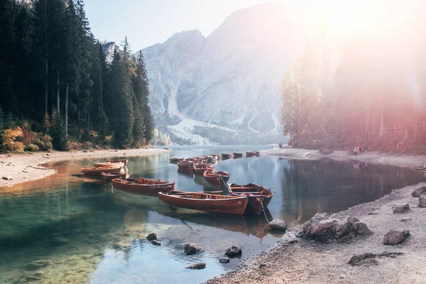 Connected Boats Clear Water Forest Beautiful Majestic Mountain — Stock Photo, Image