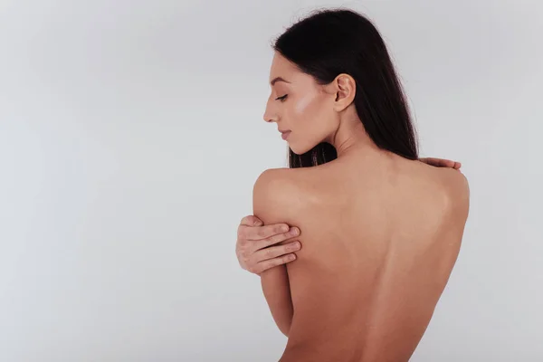 Detaljerad Studiosession Ung Kvinna Med Perfekt Kropp Och Slät Hud — Stockfoto
