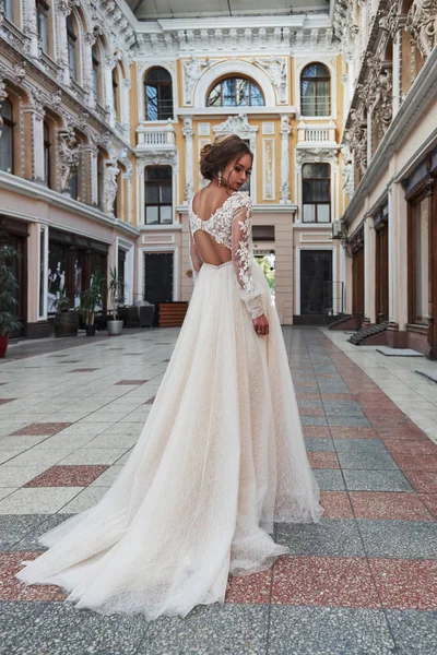 Mulher Jovem Delicada Bonita Noiva Sexy Vestido Casamento Luxuoso — Fotografia de Stock