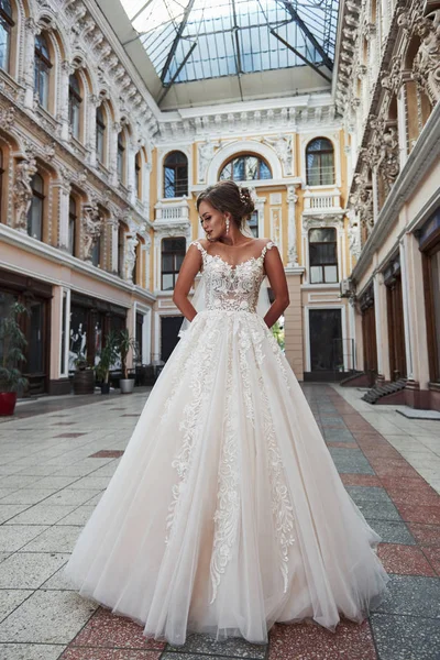 Mulher Jovem Delicada Bonita Noiva Sexy Vestido Casamento Luxuoso — Fotografia de Stock