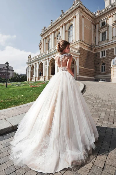 Mooie Elegante Bruid Met Een Perfecte Trouwjurk Poseert Rond Prachtige — Stockfoto