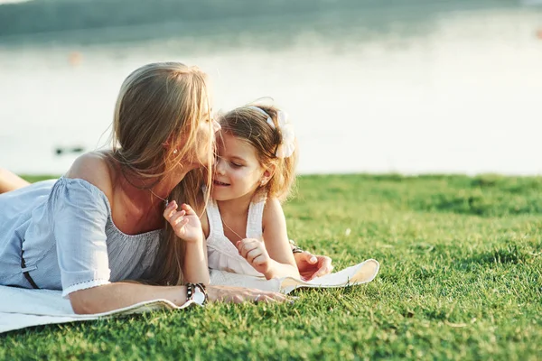 Lay Grass Magnificent Photo Young Mother Her Daughter Having Good — Stock Photo, Image