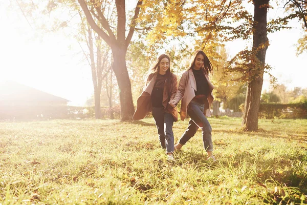 Jovens Meninas Gêmeas Morena Bonita Andando Juntas Mãos Dadas Enquanto — Fotografia de Stock