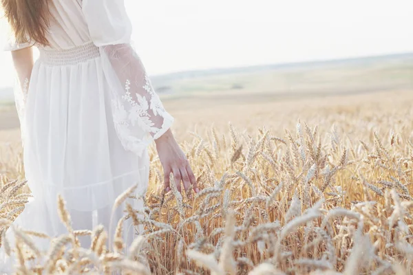 Beautiful Girl White Dress Running Autumn Field Wheat Sunset Time — Stock Photo, Image