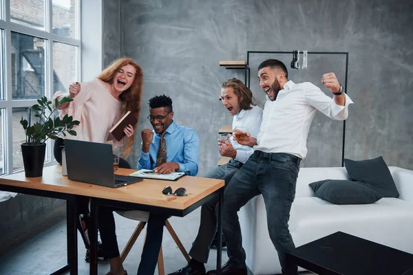 Raise Your Hands Victory Group Multiracial Office Workers Formal Clothes — Stock Photo, Image