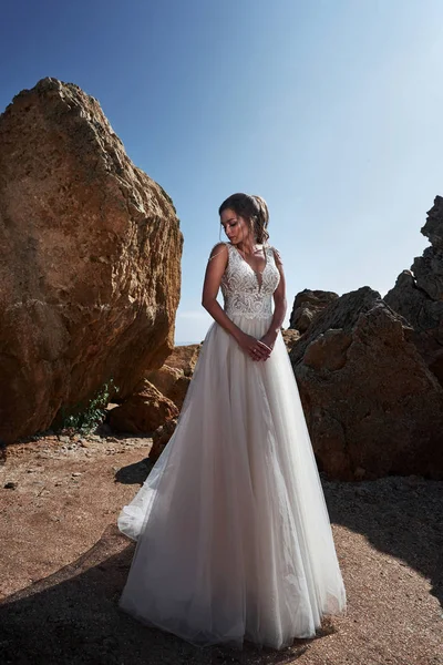 Chica Vestido Boda Lujo Posando Orilla Del Mar Novia Sobre —  Fotos de Stock