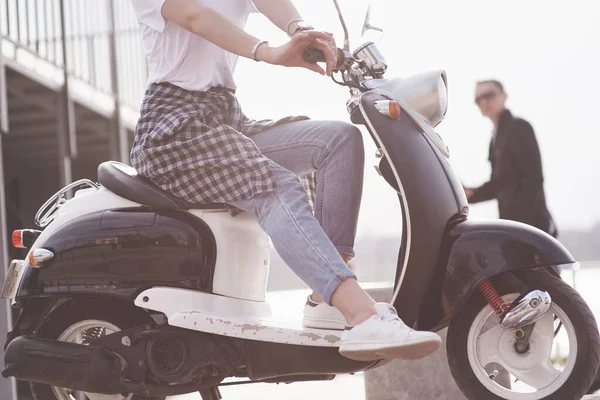 Portrait Beautiful Girl Hipster Sitting Black Retro Scooter Smiling Posing — 스톡 사진