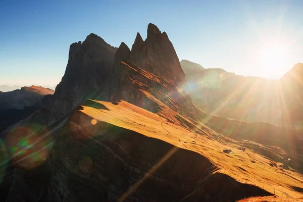 Beautiful Sunset Italian Majestic Seceda Dolomite Mountains — Stock Photo, Image