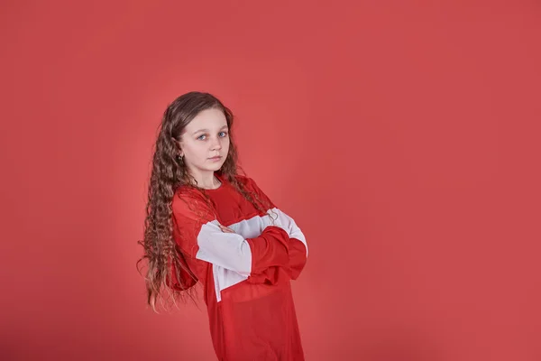 Young Beautiful Cute Girl Dancing Red Background Modern Slim Hip — Stock Photo, Image