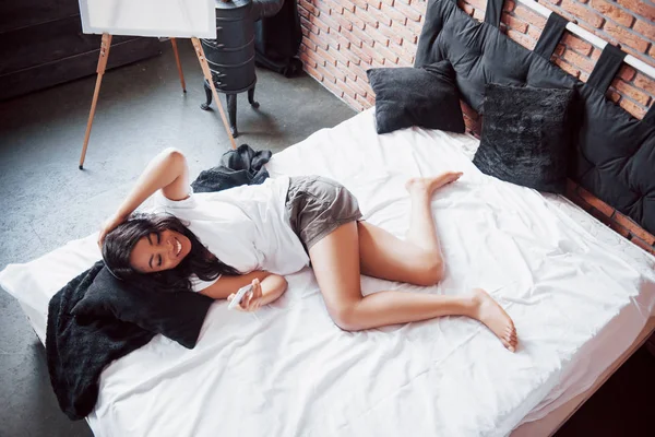 Portrait Beautiful Woman Waking Her Bed Looks Phone Check Social — 스톡 사진