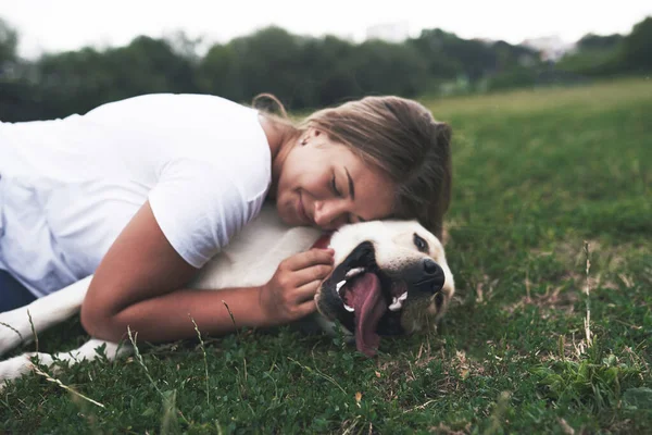 Atractiva Joven Mujer Con Perro Aire Libre Gril Una Hierba —  Fotos de Stock