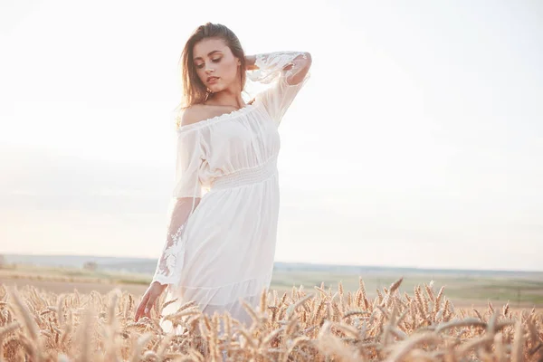 Portrait Une Belle Fille Robe Blanche Dans Domaine Blé — Photo