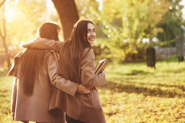 Vista Desde Parte Posterior Las Jóvenes Chicas Gemelas Morenas Sonrientes — Foto de Stock