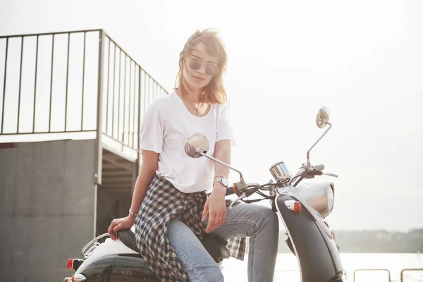Portrait Beautiful Girl Hipster Sitting Black Retro Scooter Smiling Posing — 스톡 사진