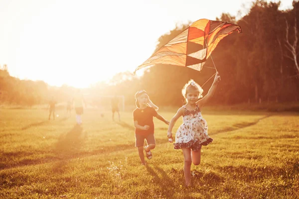 Bambini Felici Lanciano Aquilone Nel Campo Tramonto Ragazzino Ragazza Vacanza — Foto Stock