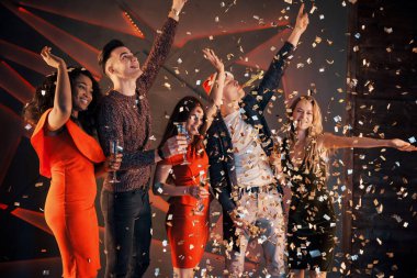 Bir grup arkadaş poz veriyor ve kardan adam ve şampanyayla eğleniyorlar. Yeni Yıl Kutlaması