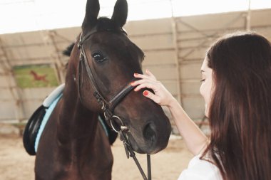 Mutlu bir kız en sevdiği atla iletişim kurar. Kız hayvanları ve ata binmeyi seviyor..