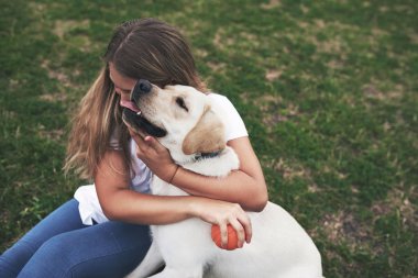 Açık havada köpeği olan çekici genç bir kadın. Labrador Retriever ile yeşil çimlerin üzerinde Gril.